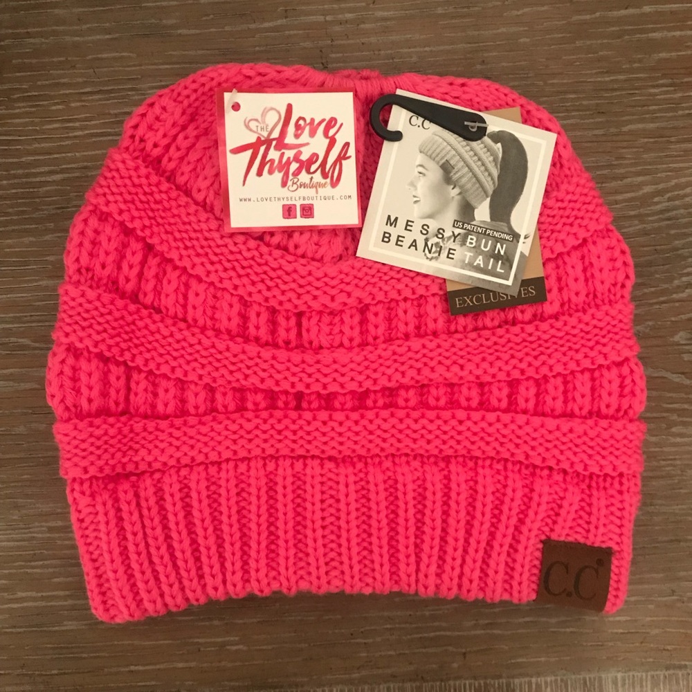 C.C Messy Bun Pony Tail Beanie New Candy Pink